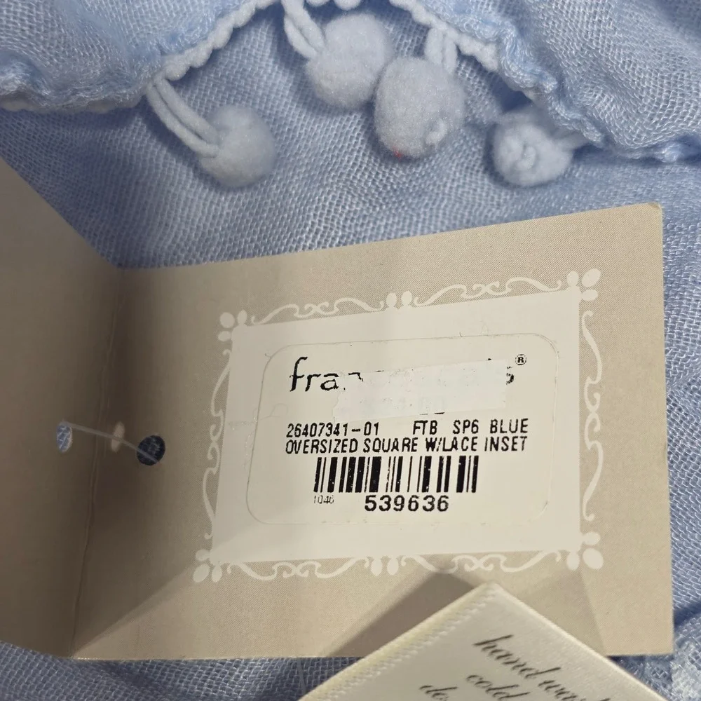 NEW francesca's Blue Oversized Square Scarf with Lace and Pom‎ Pom Trim NWT